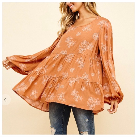 Bohemian Ditsy Floral Print Babydoll Top - Picture 2 of 6